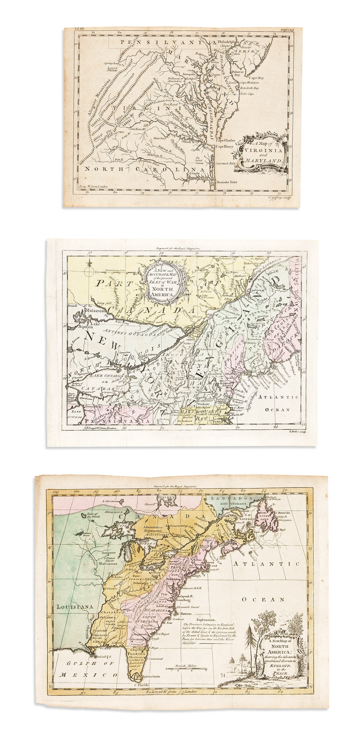 (COLONIAL NORTH AMERICA.) Group of 3 small format 18th-century engraved maps.